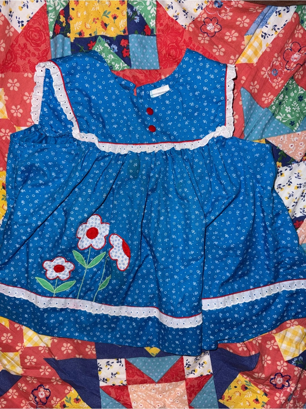 Vintage Blue Floral Appliqué Casual Dress for Girls
